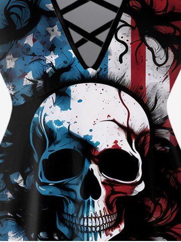Gothic Skull American Flag Print Crisscross Short Sleeve T-Shirt