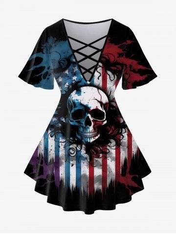 Gothic Skull American Flag Print Crisscross Short Sleeve T-Shirt - BLACK - 2X | US 18-20