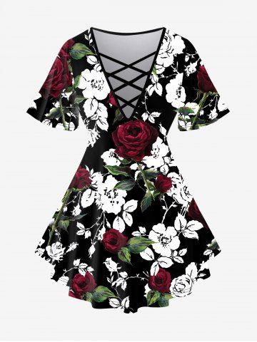 Plus Size Rose Leaves Print Crisscross Short Sleeve T-Shirt - BLACK - 5X | US 30-32