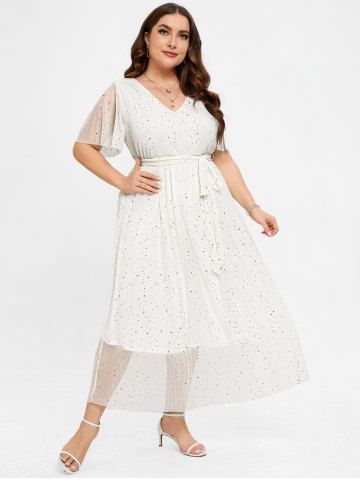 Plus Size Sparkling Sequins Polka Dot Belt A Line Gown Dress - WHITE - L | US 12