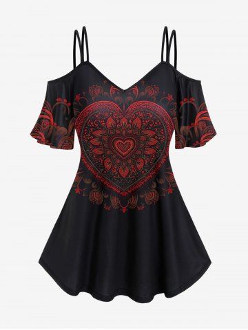 Gothic Heart Print Cold Shoulder T-shirt - BLACK - 4X | US 26-28