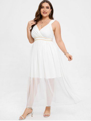 Plus Size Faux Pearls Embellished High Rise Surplice Maxi Party Wedding Dress - WHITE - 1X | US 14-16