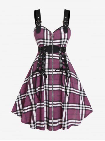 Plus Size Plaid Lace Up Zipper Heart Buckles Cami Dress - CONCORD - L | US 12