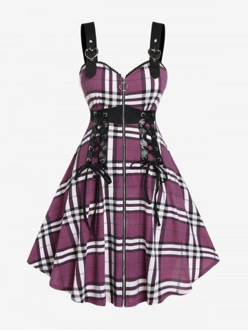 Plus Size Plaid Lace Up Zipper Heart Buckles Cami Dress - CONCORD - 4X | US 26-28