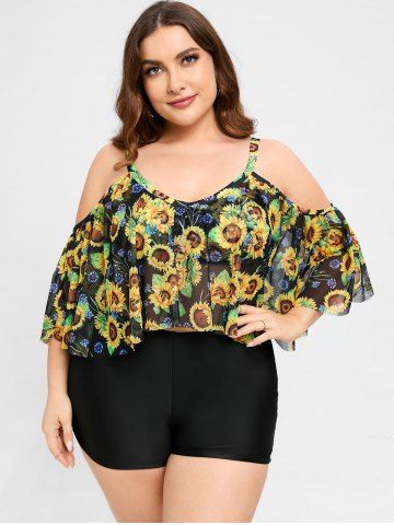 Plus Size Sunflower Flounce Cold Shoulder Mesh Boyleg Tankini Three Piece Swimsuit