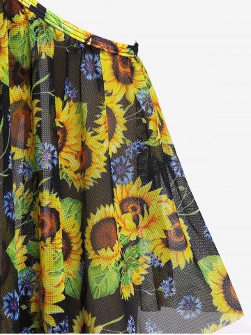 Plus Size Sunflower Flounce Cold Shoulder Mesh Boyleg Tankini Three Piece Swimsuit