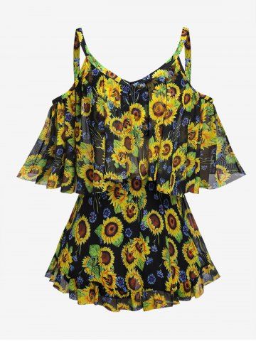 Plus Size Sunflower Flounce Cold Shoulder Mesh Boyleg Tankini Three Piece Swimsuit