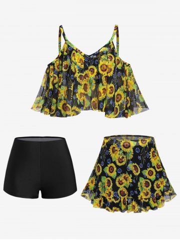 Plus Size Sunflower Flounce Cold Shoulder Mesh Boyleg Tankini Three Piece Swimsuit