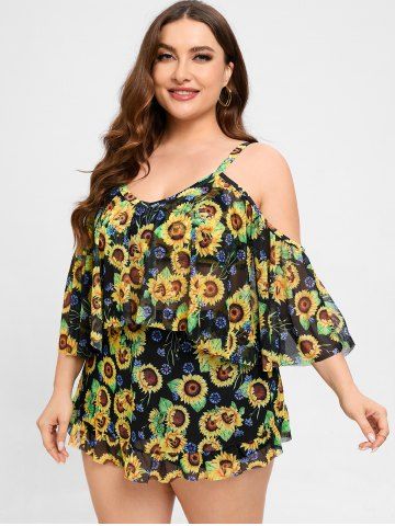 Plus Size Sunflower Flounce Cold Shoulder Mesh Boyleg Tankini Three Piece Swimsuit