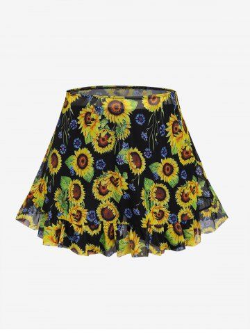 Plus Size Sunflower Flounce Cold Shoulder Mesh Boyleg Tankini Three Piece Swimsuit