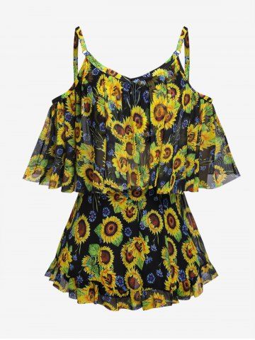 Plus Size Sunflower Flounce Cold Shoulder Mesh Boyleg Tankini Three Piece Swimsuit