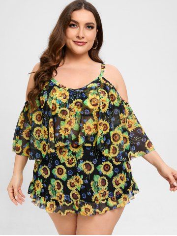 Plus Size Sunflower Flounce Cold Shoulder Mesh Boyleg Tankini Three Piece Swimsuit