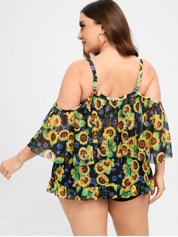 Plus Size Sunflower Flounce Cold Shoulder Mesh Boyleg Tankini Three Piece Swimsuit