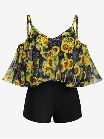 Plus Size Sunflower Flounce Cold Shoulder Mesh Boyleg Tankini Three Piece Swimsuit