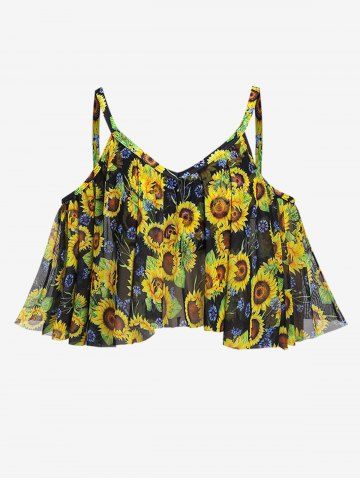 Plus Size Sunflower Flounce Cold Shoulder Mesh Boyleg Tankini Three Piece Swimsuit