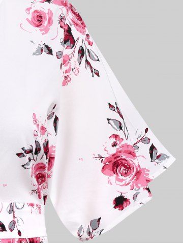 Plus Size 3D Floral Leaves Printed High Waisted Surplice Dress