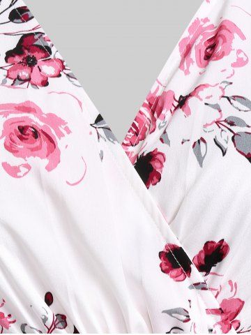 Plus Size 3D Floral Leaves Printed High Waisted Surplice Dress