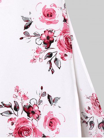 Plus Size 3D Floral Leaves Printed High Waisted Surplice Dress