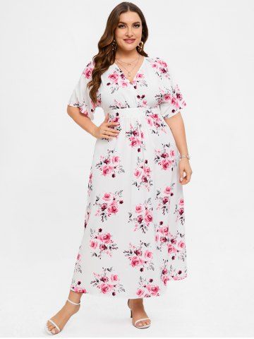 Plus Size 3D Floral Leaves Printed High Waisted Surplice Dress