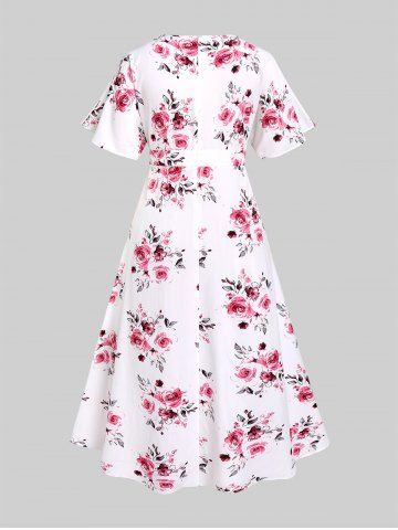 Plus Size 3D Floral Leaves Printed High Waisted Surplice Dress