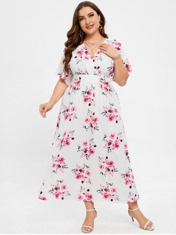 Plus Size 3D Floral Leaves Printed High Waisted Surplice Dress