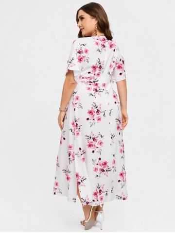 Plus Size 3D Floral Leaves Printed High Waisted Surplice Dress