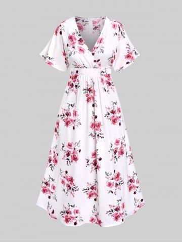 Plus Size 3D Floral Leaves Printed High Waisted Surplice Dress