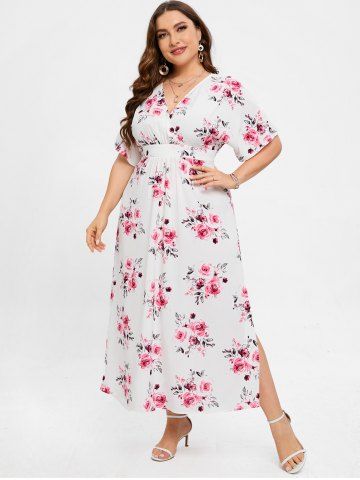 Plus Size 3D Floral Leaves Printed High Waisted Surplice Dress - WHITE - 5X | US 30-32