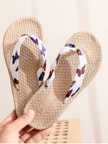 Vacation Beach Butterfly Pattern Espadrilles Straw Slip On Sandals Flip Flops - WHITE - EU 36