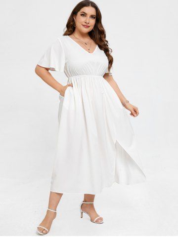 Plus Size Solid Color Splited V Neck Dress - WHITE - XS
