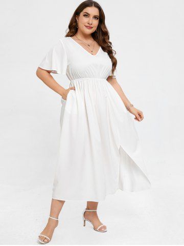 Plus Size Solid Color Splited V Neck Dress - WHITE - S