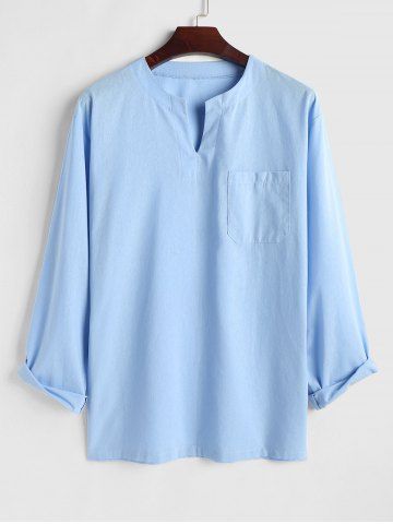 Cotton and Linen Textured Front Pocket Long Sleeves Pullover Shirt
