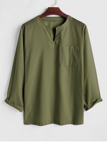 Cotton and Linen Textured Front Pocket Long Sleeves Pullover Shirt