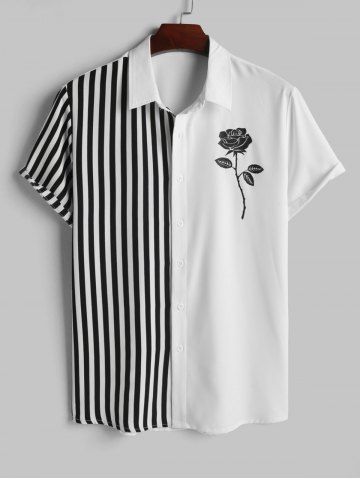 Striped Spliced Rose Pattern Short Sleeves Shirt - WHITE - XXL