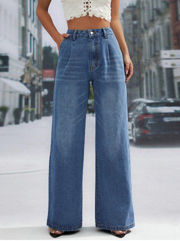 High Waist Zip Fly Long Wide Leg Jeans - BLUE - XL