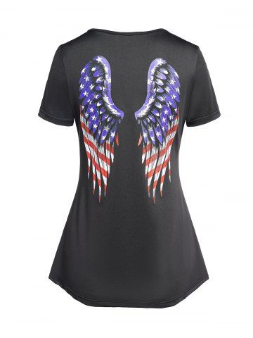 Star Striped Wing Print Ladder Cut Out Ruched Patriotic T Shirt - BLACK - XXL