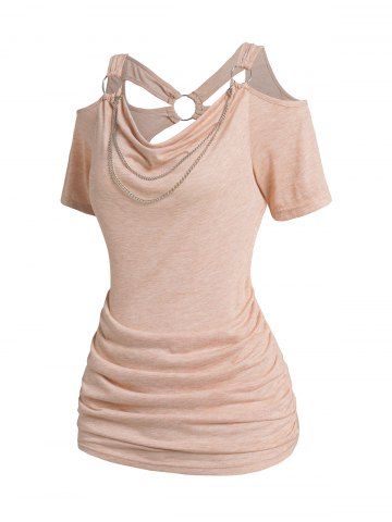Cowl Neck Draped Cold Shoulder Ruched Chain Embellishment Cut Out Heather T Shirt - LIGHT COFFEE - L