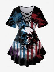 T-shirt Gothique Croisé Drapeau Américain Crâne Imprimée à Manches Courtes - Noir 4X | US 26-28