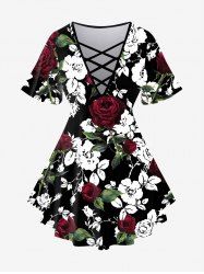 Plus Size Rose Leaves Print Crisscross Short Sleeve T-Shirt -  