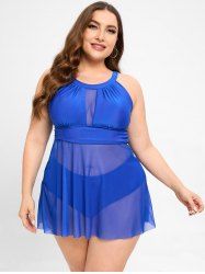 Plus Size Halter Backlessed Ruched Tankini Swimsuit -  