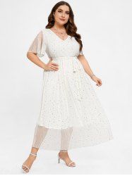 Plus Size Sparkling Sequins Polka Dot Belt A Line Gown Dress -  