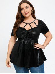 Plus Size Short Sleeves Ruched Cutout Metal Tee -  