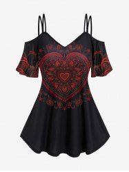 Gothic Heart Print Cold Shoulder T-shirt -  