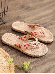 Cherry Print Espadrilles Straw Flip Flops -  