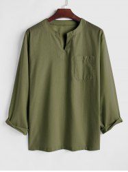 Cotton and Linen Textured Front Pocket Long Sleeves Pullover Shirt -  