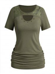 Plain Color Hollow Out Lace Panel Rivet Peekaboo Cut Ruched T Shirt -  