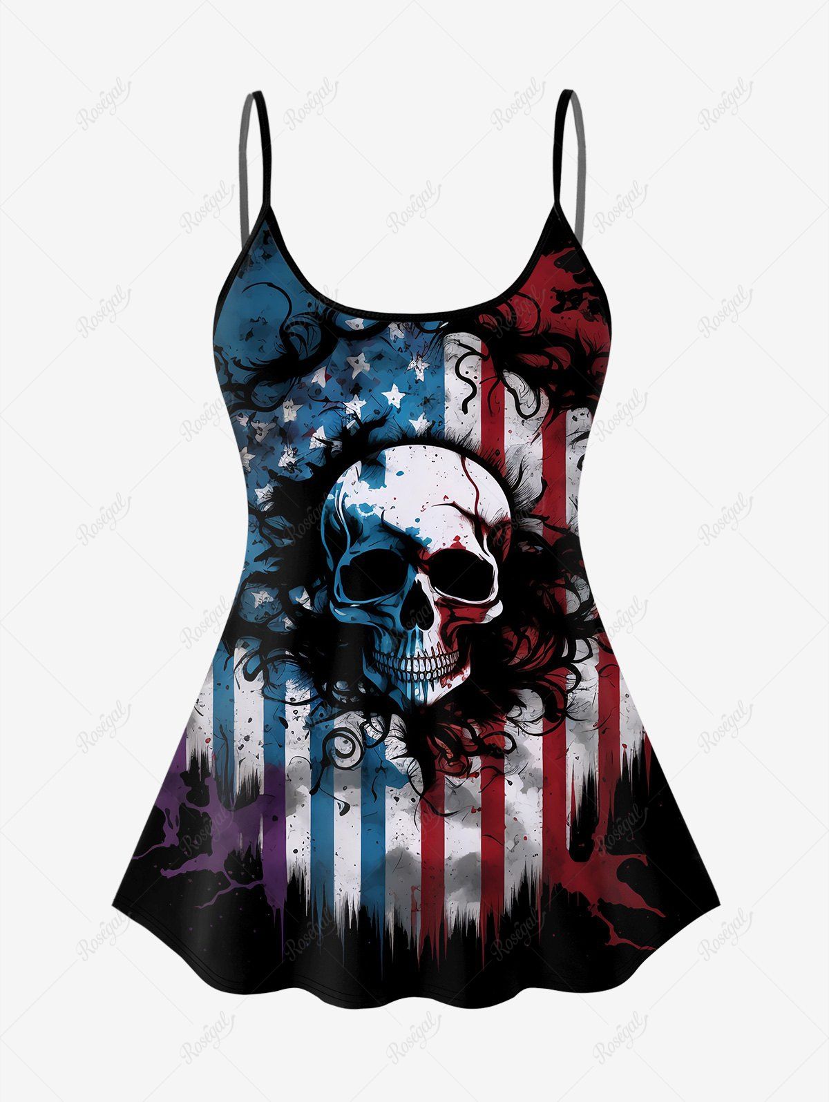 Discount Gothic American Flag Skull Print Tankini Top (Adjustable Shoulder Strap)  