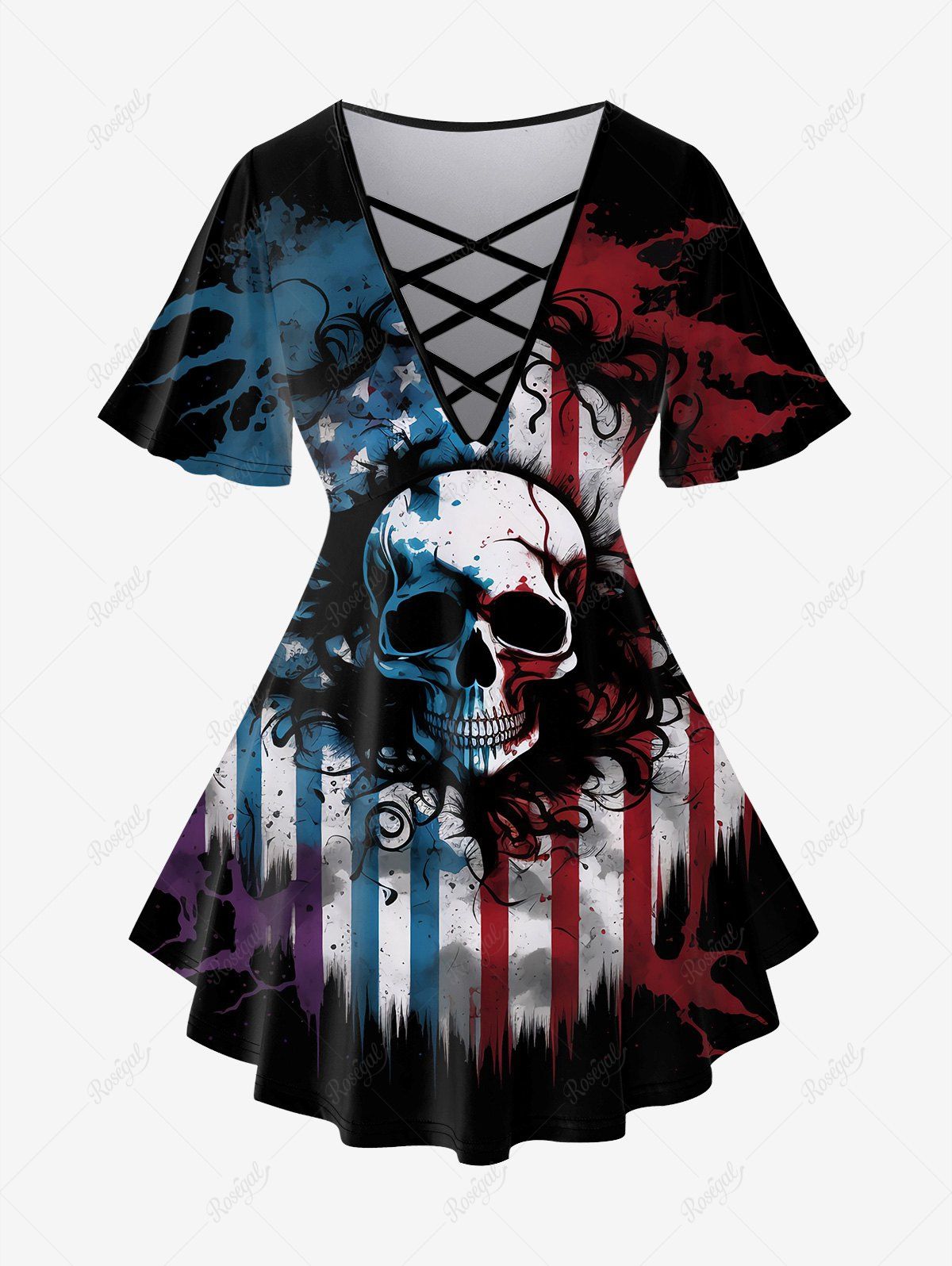 Trendy Gothic Skull American Flag Print Crisscross Short Sleeve T-Shirt  