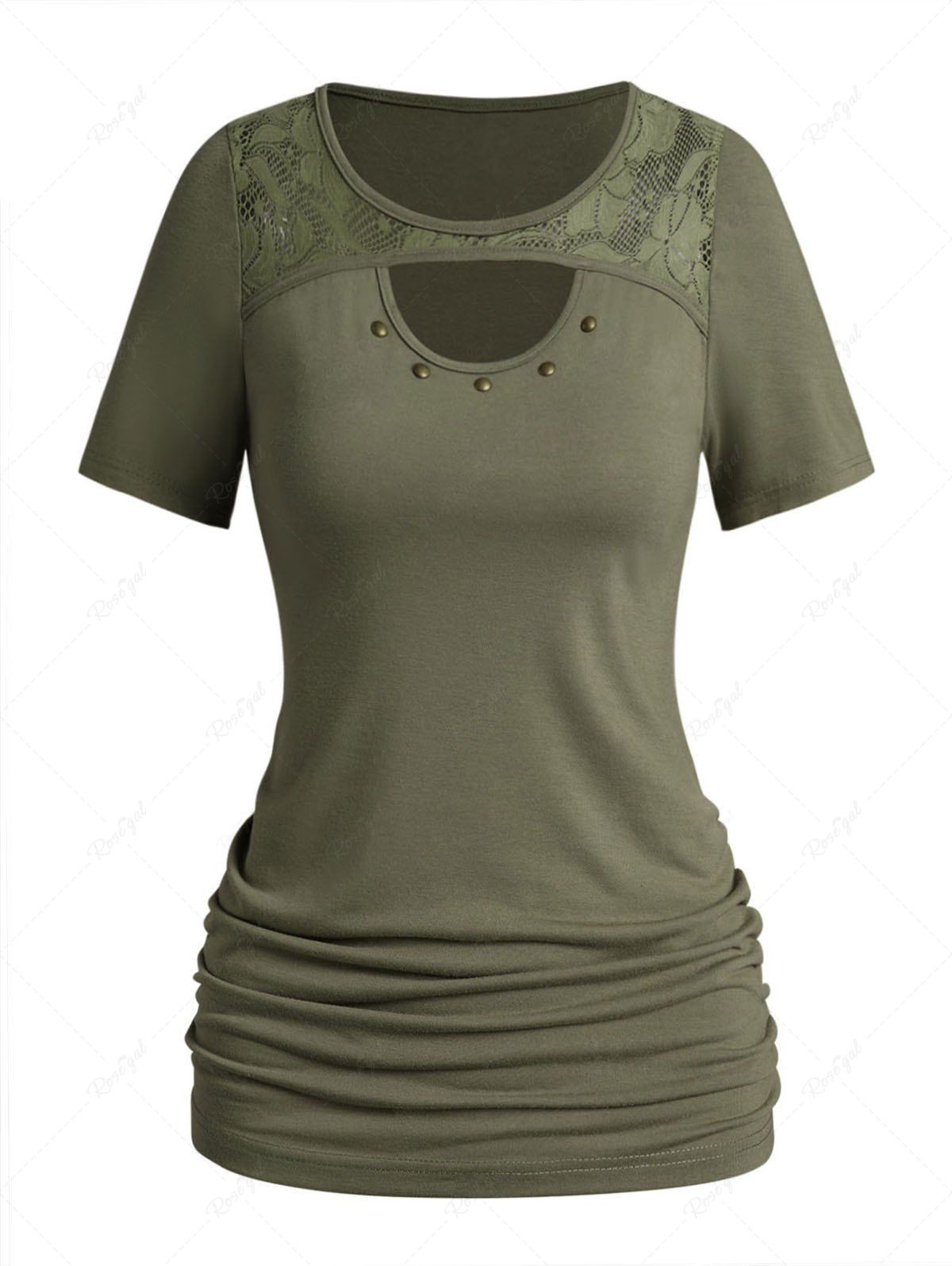 T-shirt Plissé Découpé Panneau en Dentelle en Couleur Unie avec Rivet Vert XL