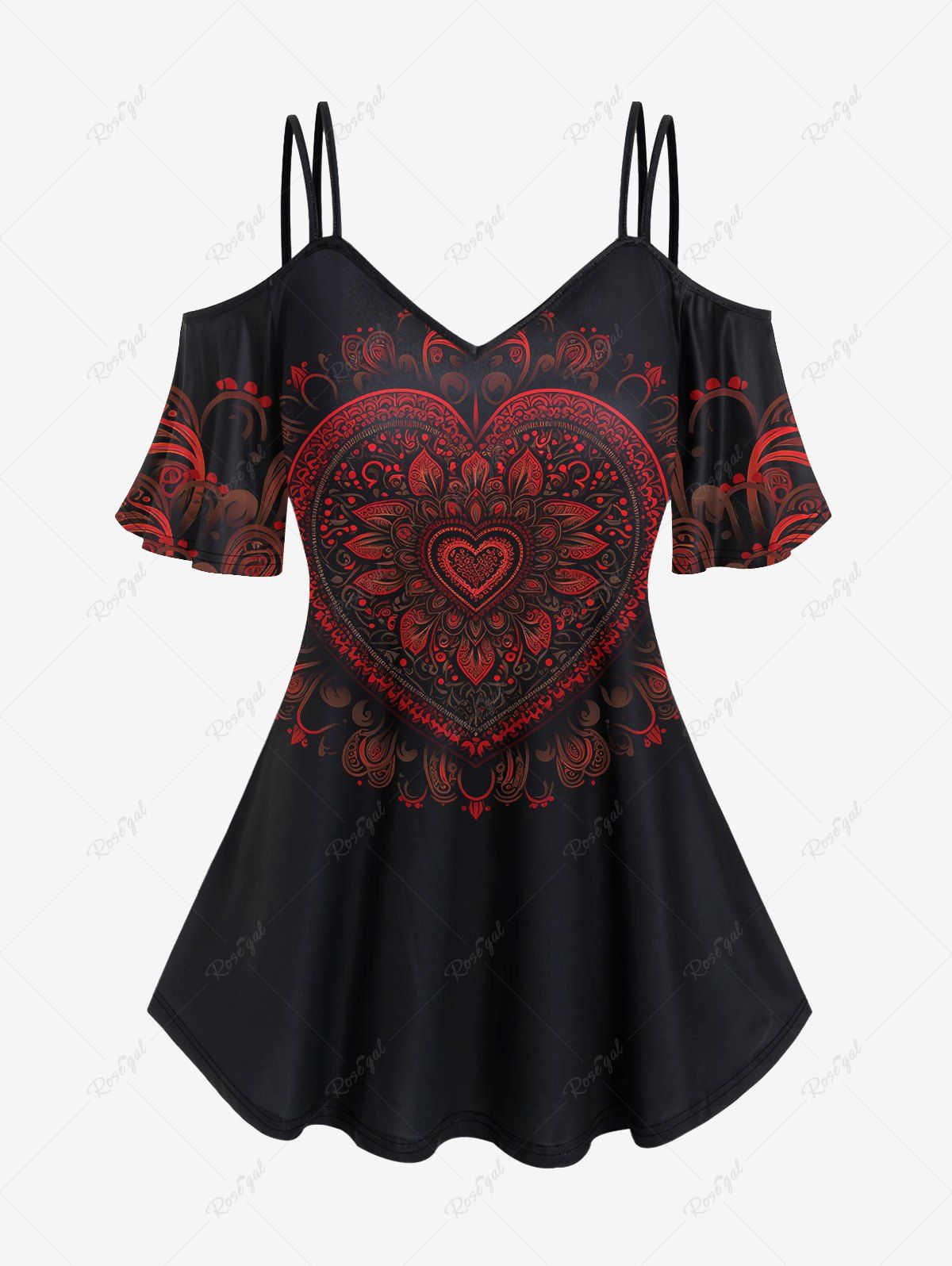 T-shirt Gothique Cœur Imprimé à Epaule Dénudée Noir 1X | US 14-16